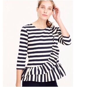 J. Crew Striped Ruffle Hem Top 3/4 Sleeve Navy Ivory Cotton‎ Blend M